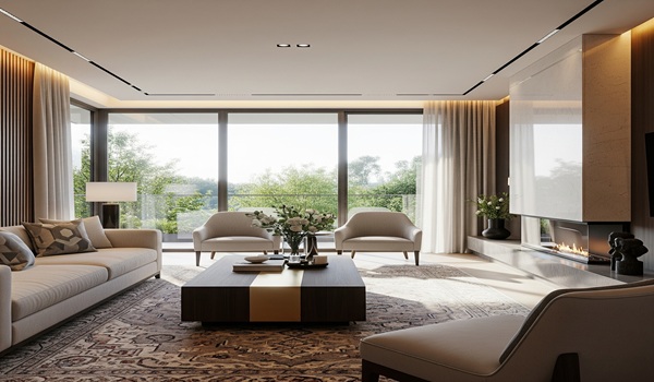Apartment Interior Prestige Evergreen: Modern apartment living room, natural light, elegant furniture, green views.