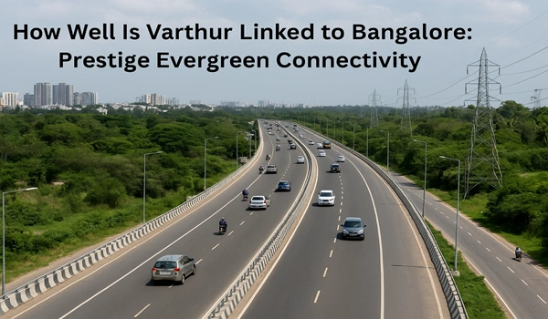 Map showing Varthur's connectivity to Bangalore and nearby areas with Prestige Evergreen residential project highlighted