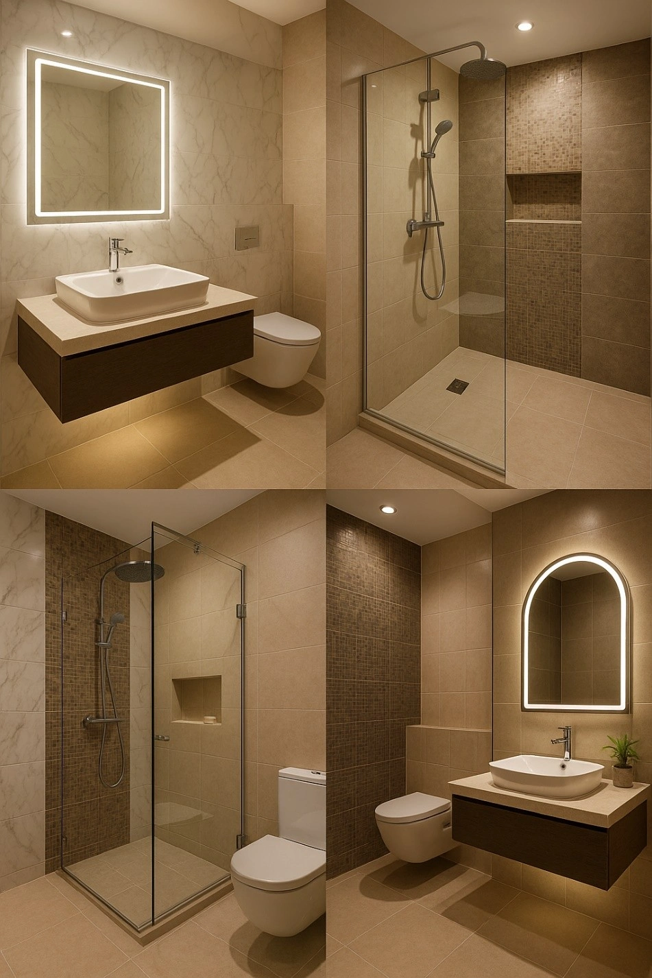 Photo-realistic mood board of luxurious bathroom designs at Prestige Evergreen with marble tiles, chrome fittings, glass showers, and LED lighting