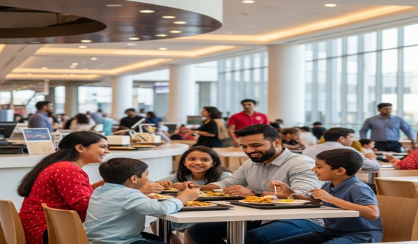 A family enjoying a meal in the modern food court at one of the top malls in Whitefield.