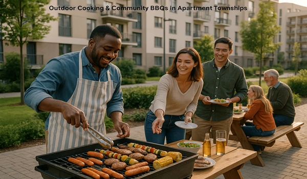 Residents enjoying outdoor cooking and community BBQs in modern apartment townships, fostering social connections and neighborhood engagement