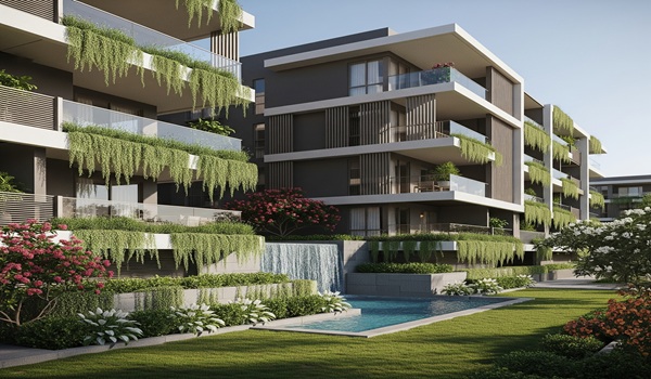 Overall Exterior & Architecture Prestige Evergreen: Modern apartments with sleek architecture, lush landscaping, and natural surroundings.