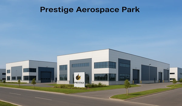 Aerial view of Prestige Aerospace Park in Bangalore featuring modern industrial infrastructure and aerospace facilities surrounded by green landscapes.
