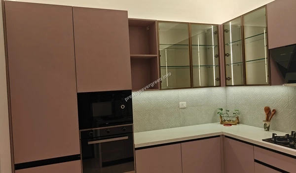 Sophisticated kitchen cabinetry at Prestige Evergreen 1486 sqft unit with integrated oven and glass display units