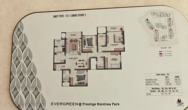 Detailed floor plan of a 3 BHK plus study unit at Prestige Evergreen featuring a spacious living and dining area, three bedrooms, and a dedicated study room