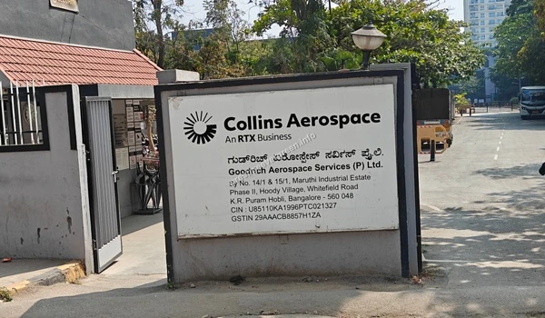 View of the Collins Aerospace campus entrance signage located near Prestige Evergreen in Whitefield