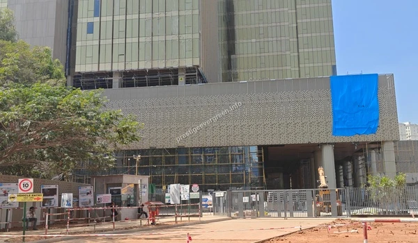Detailed view of the entrance and security check post for a new commercial development at Prestige Tech Habitat near the Prestige Evergreen site