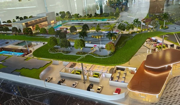 Commercial plaza and parking area scale model at Prestige Evergreen