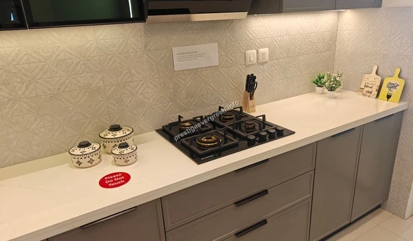 Modern culinary area at Prestige Evergreen featuring sleek charcoal cabinetry, a professional-grade gas stove, and elegant textured wall tiling