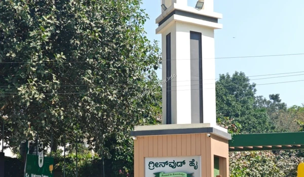 Detailed view of the architectural pillar at the entrance of Greenwood High International School near Prestige Evergreen