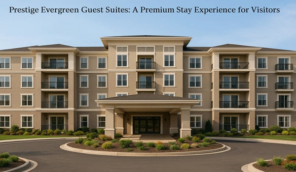 Prestige Evergreen Guest Suites exterior and interior views showcasing luxury accommodations, modern amenities, and premium guest experience for travelers and visitors
