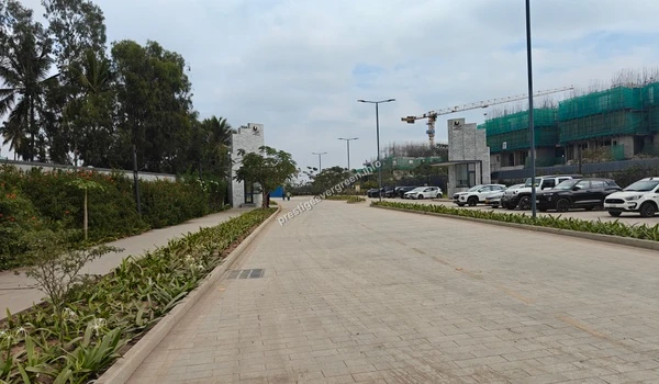 A long paved internal driveway lined with landscaping on the left, leading towards the construction zone and site office structures.