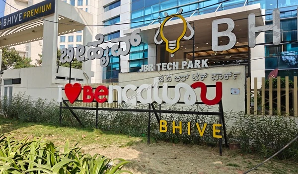 View of the JBR Tech Park and BHIVE workspace signage highlighting the prime tech connectivity near Prestige Evergreen