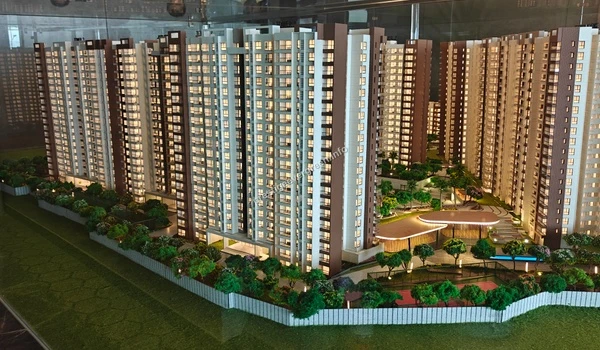 Detailed close-up of the residential tower design and architectural facade at Prestige Evergreen as seen on the project miniature