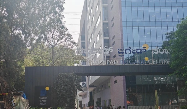 View of the main entrance and signage of Nalapad Brigade Centre highlighting its accessibility and prominence near Prestige Evergreen