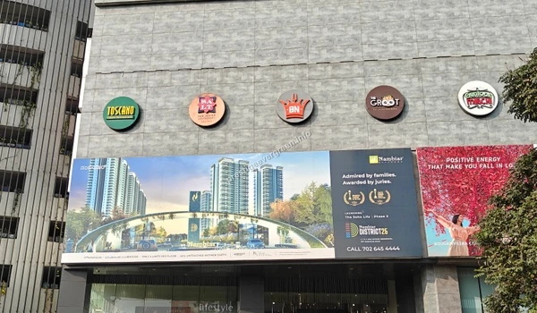 A facade display of premium eateries like Toscano and Salt at Nexus Shantiniketan, enhancing the dynamic social life surrounding the Prestige Evergreen community.