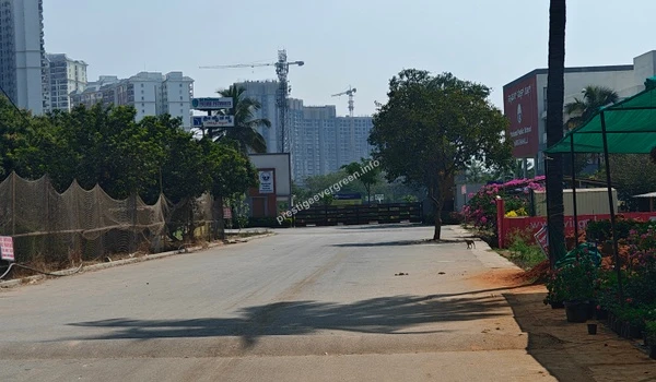 View of the access road leading towards National Public School and residential towers near Prestige Evergreen