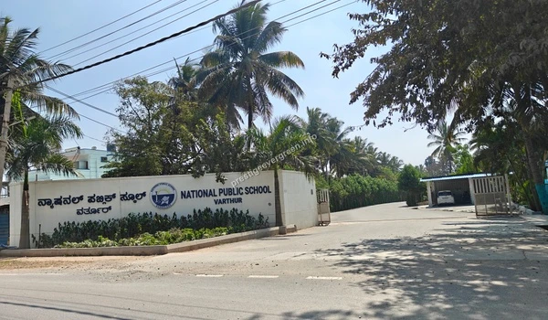 External view of the National Public School Varthur entrance gate providing convenient access for students living at Prestige Evergreen