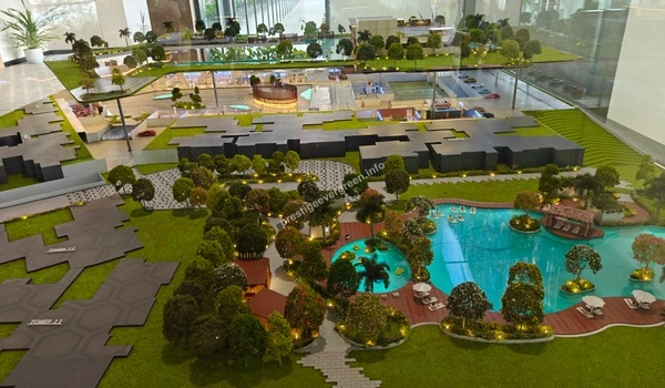 Poolside amenities and tower layout at Prestige Evergreen