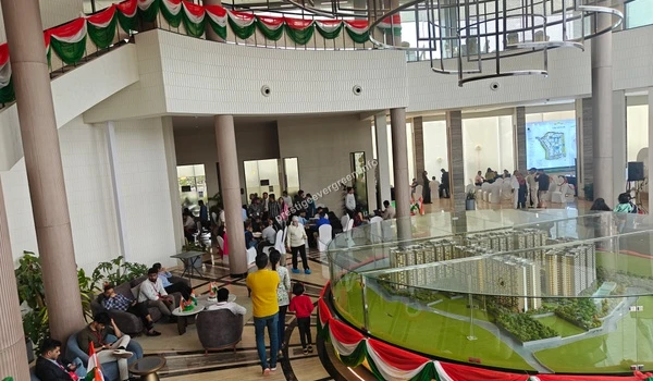 Detailed architectural scale model of the Prestige Evergreen project displayed in the main lobby for customer viewing and site visits