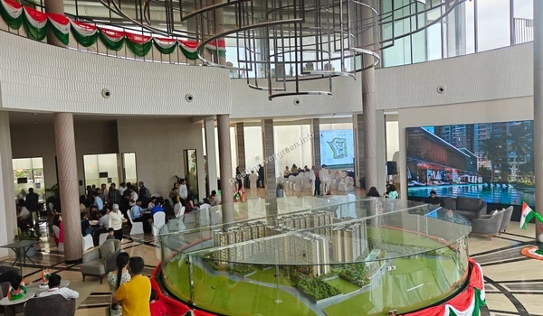 The grand entrance lobby of the Prestige Evergreen site office decorated with patriotic colors for a special customer engagement event