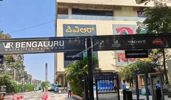 Car entry gate at VR Bengaluru, highlighting the premium shopping and entertainment hubs accessible from Prestige Evergreen.