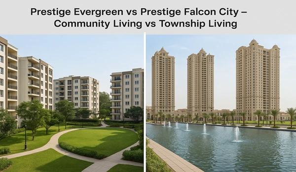 Prestige Evergreen vs Prestige Falcon City comparison – Community living features versus township living amenities, real estate overview in Bangalore