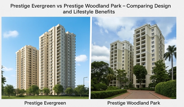 Prestige Evergreen vs Prestige Woodland Park comparison showcasing architectural design, lifestyle benefits, and modern residential features in Bangalore.