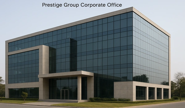 Prestige Group corporate office building exterior view, modern architecture and headquarters design