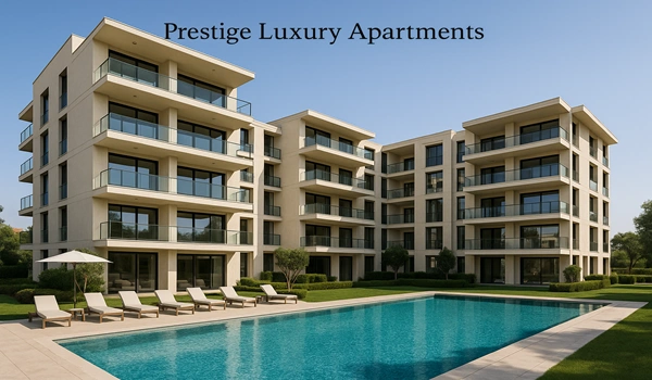Prestige Luxury Apartments exterior view showcasing modern architecture, premium amenities, and upscale living in a prime location