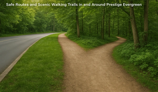 Safe walking routes and scenic trails in and around Prestige Evergreen for residents and visitors, highlighting greenery, pedestrian-friendly paths, and leisure walking areas.