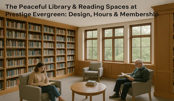 Peaceful library and cozy reading spaces at Prestige Evergreen with modern design, comfortable seating, and quiet study areas for members.