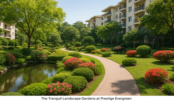 Tranquil landscape gardens at Prestige Evergreen with lush greenery, peaceful walking paths, and beautifully designed outdoor spaces for relaxation.