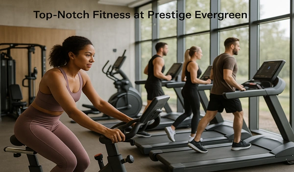 Top-notch fitness center at Prestige Evergreen offering personal training, group workouts, and modern gym facilities for health and wellness