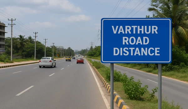 Varthur Road distance map showing travel time and connectivity to Whitefield, Marathahalli, and central Bangalore with nearby landmarks