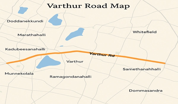 Detailed map of Varthur Road in Bangalore showing major streets, landmarks, and traffic routes for easy navigation.