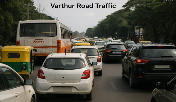 Varthur Road traffic congestion during peak hours in Bangalore with cars, buses, and motorcycles on a busy city street