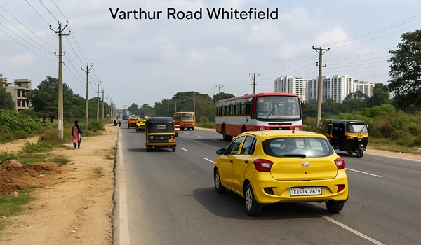 Varthur Road Whitefield Bangalore – busy urban street with commercial buildings, traffic, and local shops in the Whitefield area