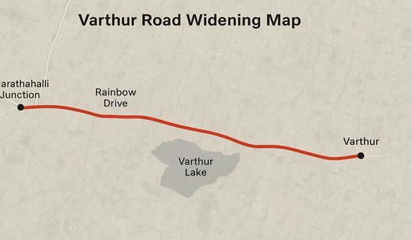 Varthur Road Widening Map showing proposed road expansion, traffic flow improvements, and infrastructure development in Bangalore, India