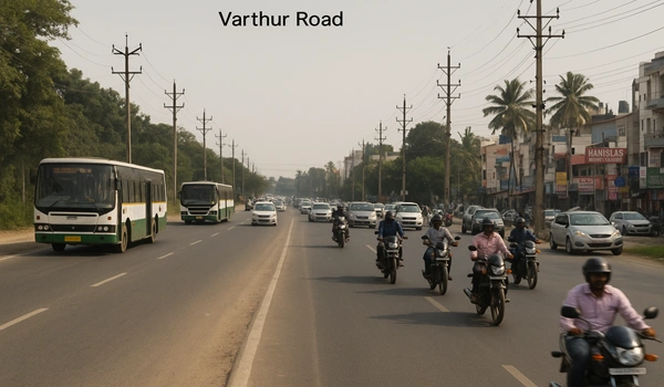Varthur Road in Bangalore showing traffic, street view, and commercial buildings