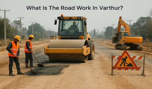 Ongoing road construction in Varthur, Bangalore showing workers, machinery, and traffic management during infrastructure development