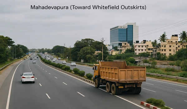 View of Mahadevapura road leading toward Whitefield outskirts, Bangalore with urban landscapes, greenery, and traffic